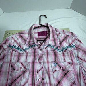 Cowgirl Hardware XL Pink Plaid Western Top Pearl Snap Embroidery P2P 23" L29"